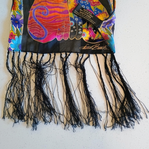 Laurel Burch Fringed Silk Scarf, Black/Bright Multi with Humorous Cat Designs - Picture 5 of 10